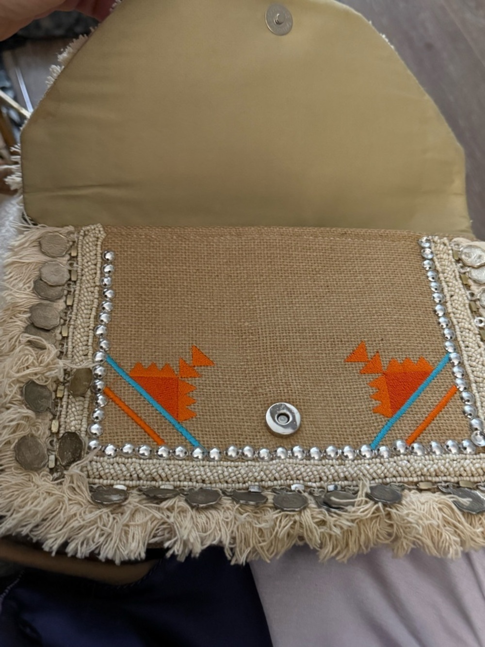 Antik Kraft Beige Jute Embroidered Fringe Crossbody Bag Boho Western Festival - Picture 5 of 7